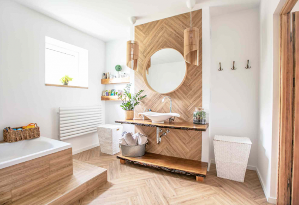 Kamar mandi dengan desain skandinavia dan sentuhan alami